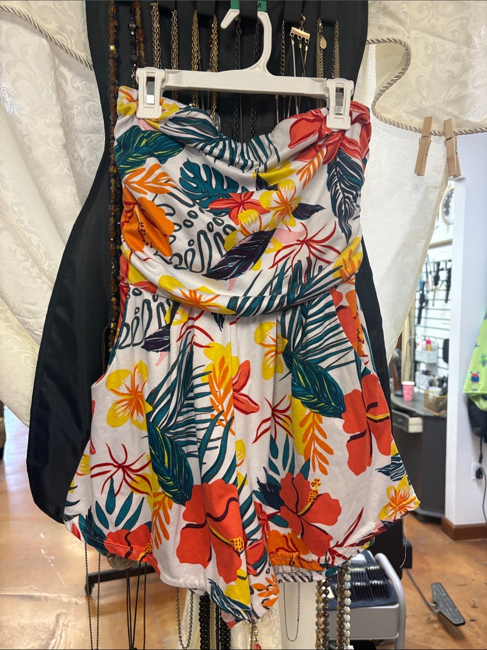 Love Strapless Floral Romper — Orange with Teal & Yellow
